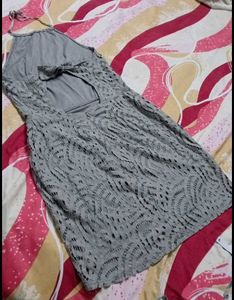 Grey Lace Halter Neck Dress with Bow Back