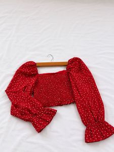 Red Polka Dot Smocked Square Neck Top