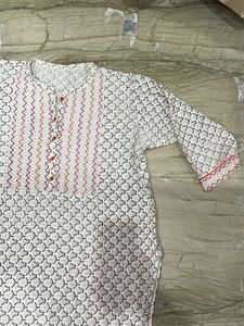 White Printed Kurta with Red Embroidery