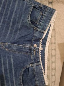 Wide Leg Blue Jeans with Lace Trim