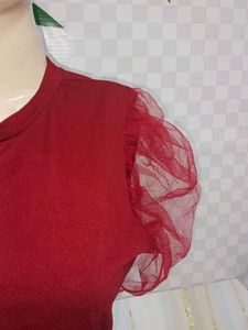 (100)Red Tulle Sleeve Bodysuit