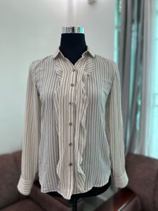 Elegant Striped Blouse &amp; Navy Trousers Set