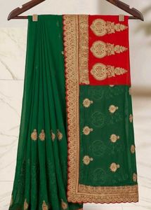 Exquisite Red &amp; Green Georgette Saree