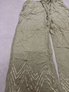 Festive Olive Green Wide-Leg Trousers with Gold Ch
