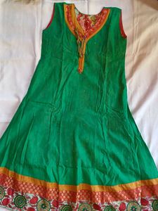 Vibrant Green Kurta with Floral Neckline