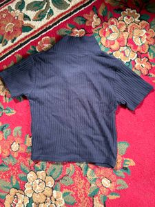 ZARA THRIFTED Navy Blue Ribbed Polo top