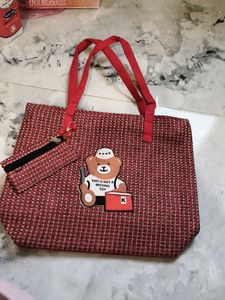 Red Tote Bag with Cute Bear Patch