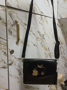Shiny Black Clutch with Apple Embellishment