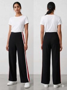 Black Wide Leg Pants with Red & White Stripe