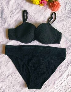 Chic Black Smocked Bikini Set
