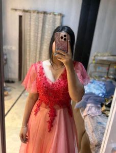 Red Lace Embellished Evening Gown