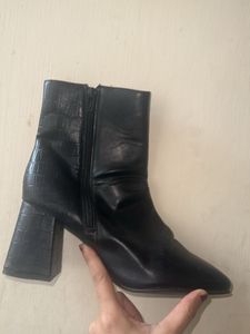 Black Faux Leather Block Heel Boots