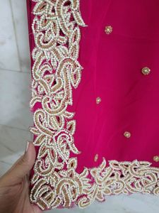 Hot Pink Pearl Work Saree