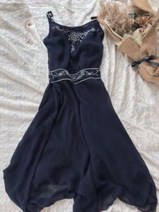 Navy Blue See-through Embellished Midi Dress