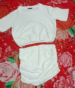 White Textured Crop Top and Ruched Skirt Set