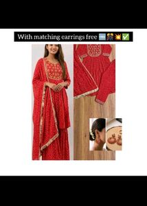Red Bandhani Kurta Set with Earrings free