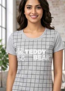 Cute "Teddy Bear" Grid Print Casual Cotton Tee