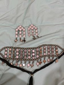 Oxidized Mirror Choker Necklace & Earrings Set