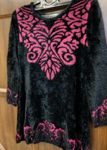 Black Faux Fur Kurta with Pink Embroidery
