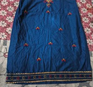 Embroidered Blue Cotton Kurta Set with Dupatta