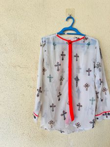 Stylish White Cross Print Blouse