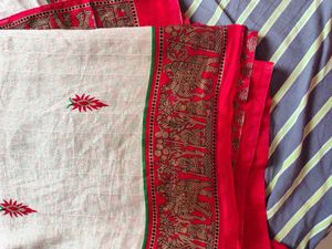 Vibrant Red Saree with Intricate Gold Print