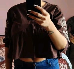 Brown Embroidered Peplum crop Top