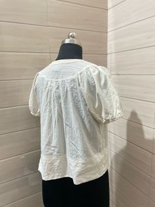 Calvin Klein Cream Puff Sleeve Smocked Top