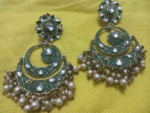 OFFER Green Kundan & Pearl Chandbali Earrings
