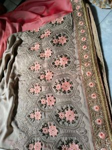 Coral &amp; Gold Embroidered Saree