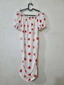 White Heart Print Ruched Midi Dress.
