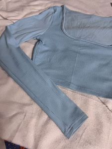 Cute Light Blue Long Sleeve Crop Top