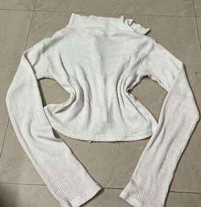 White Ribbed Zip-Up Mock Neck Top
