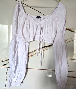 White Puff Sleeve Tie-Front Crop Top