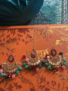 Boho Beaded Statement Earrings & Maang Tikka Set