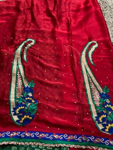 Red &amp; Green Embroidered Saree