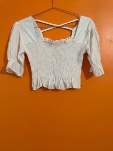Criss-Cross Back Smocked White Top