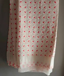 Elegant White Saree with Red Motifs