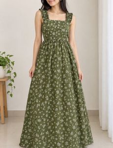olive square neck Floral Maxi Dress