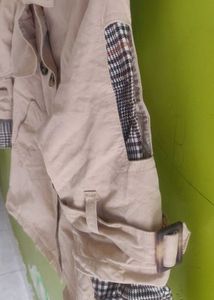 Tan Trench Coat with Plaid Accents