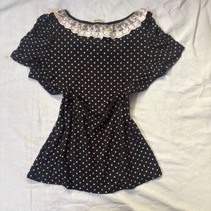 Cute Polka Dot Lace Trim Top