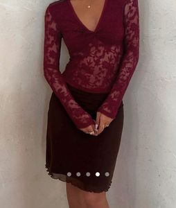 Red Sheer Lace V-Neck Long Sleeve  Top