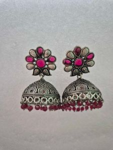 Customized Oxidised JhumkaEarrings with Pink Stone