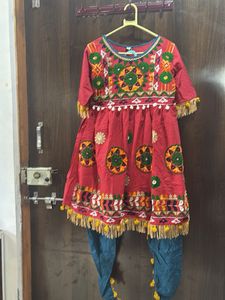 Embroidered Tomato Red Kurta Set with Blue Pants