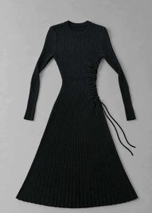 BLACK RIBBED TIE-WAIST MIDI DRESS