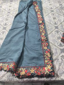 Elegant Grey Saree with Embroidered Blouse