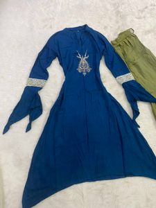 Blue Asymmetric Kurti &amp; Olive Green Sharara