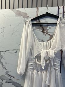 Chic White Puff Sleeve Mini Dress, Bust-34