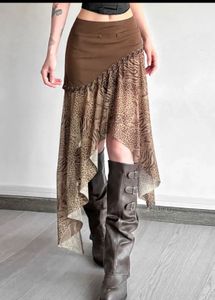 Unique Brown &amp; Leopard Print Asymmetrical Skirt