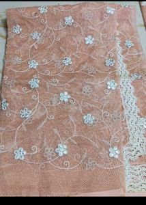 Peach Embroidered unstitched suit Set with Dupatta